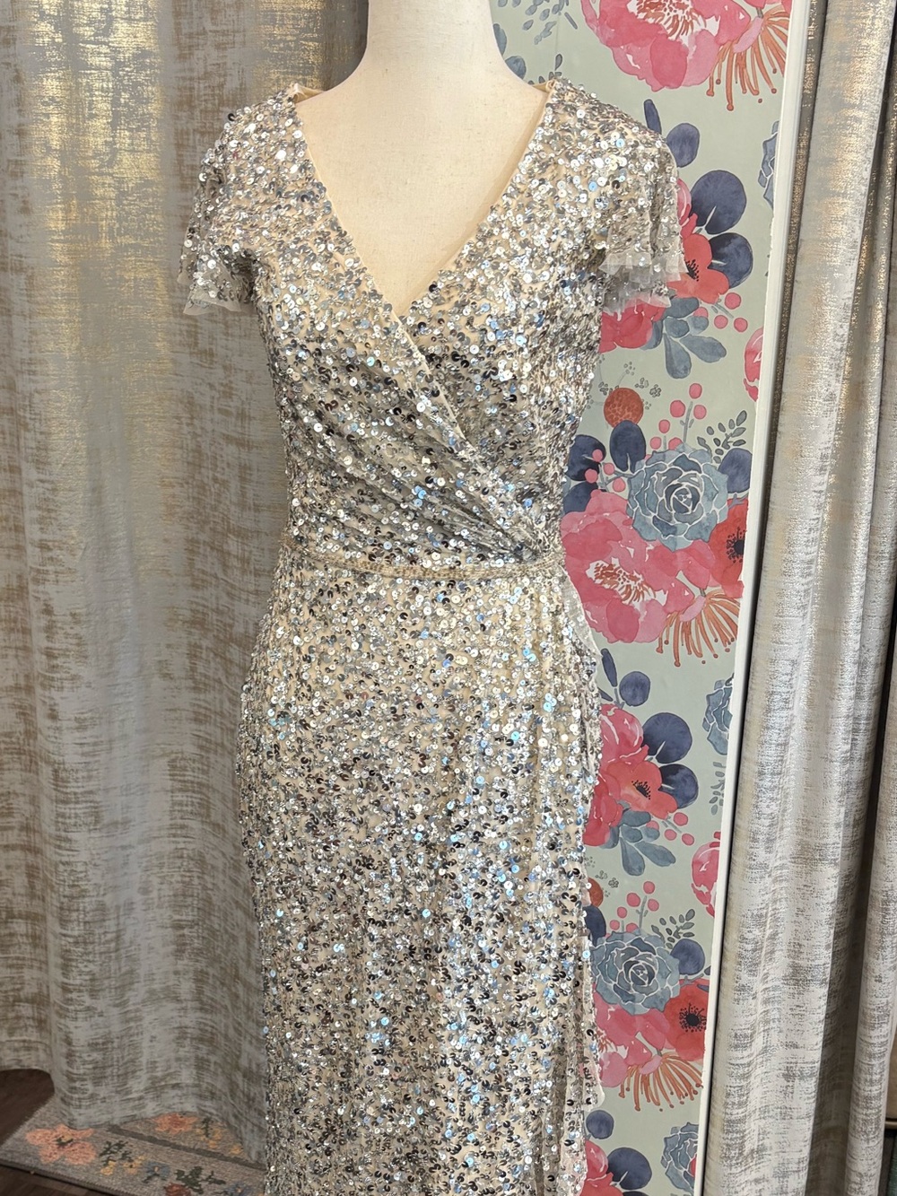 Mac Duggal Silver Sequin Wrap-Front Formal Dress